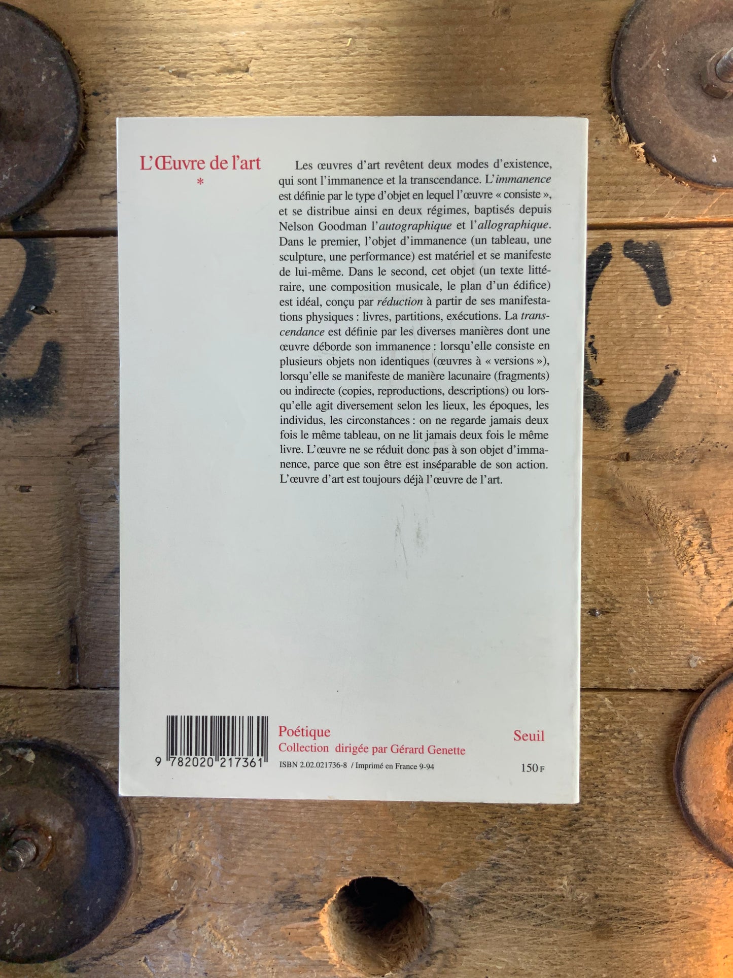 L’Œuvre de l’art : immanence et transcendance - Gérard Genette