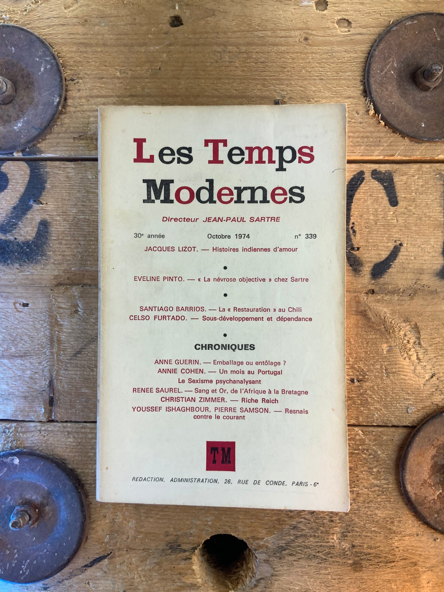 Jacques Lizo : Histoires indiennes d’amour | Eveline Pinto : « La névrose objective chez Sartre » … [ Les Temps Modernes ] - Octobre 1974 - n° 339