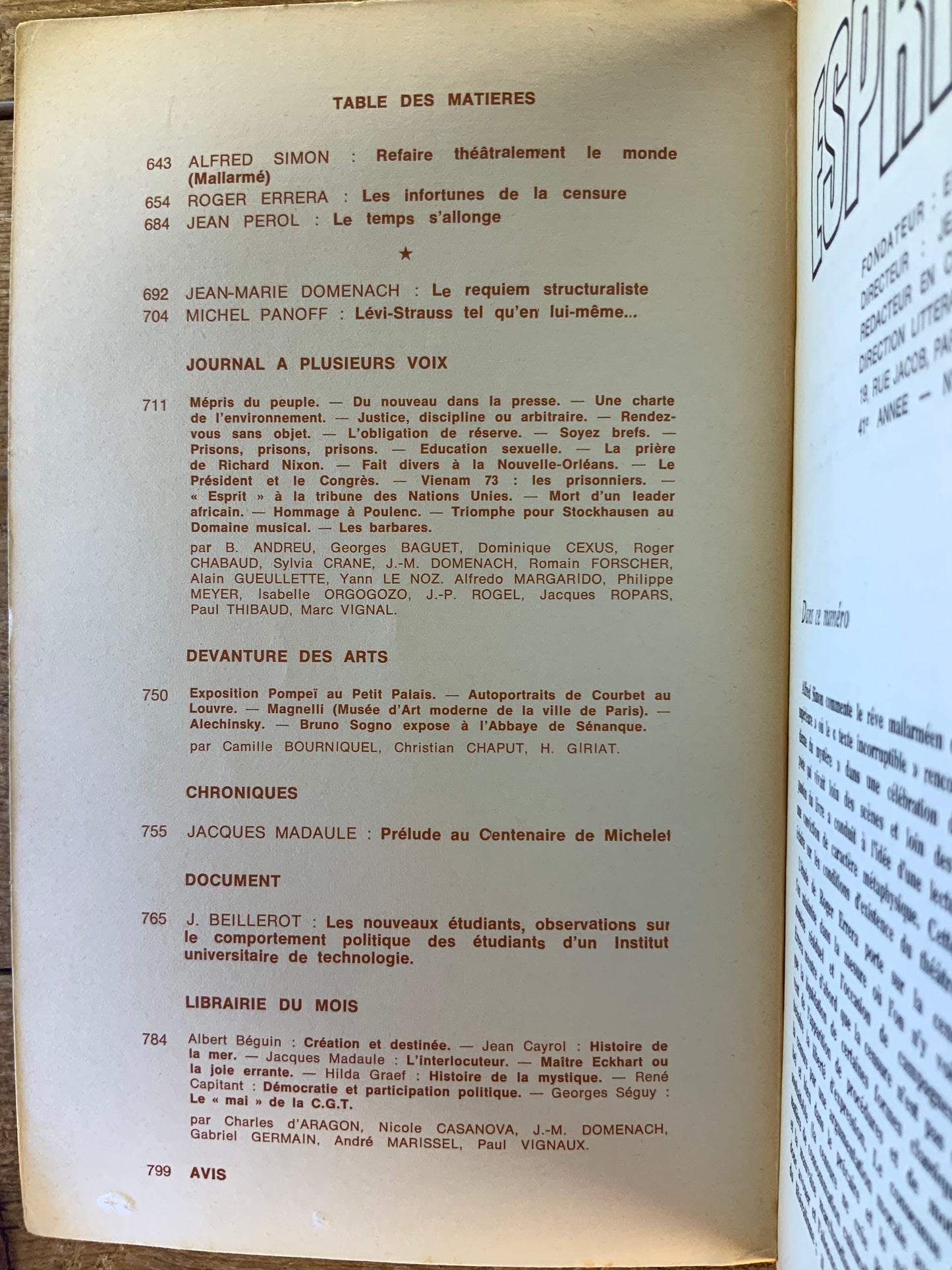 Claude Levi-Strauss : fin des mythes ou mythe de la fin ? [ Revue Esprit ] - Mars 1973 - n° 3