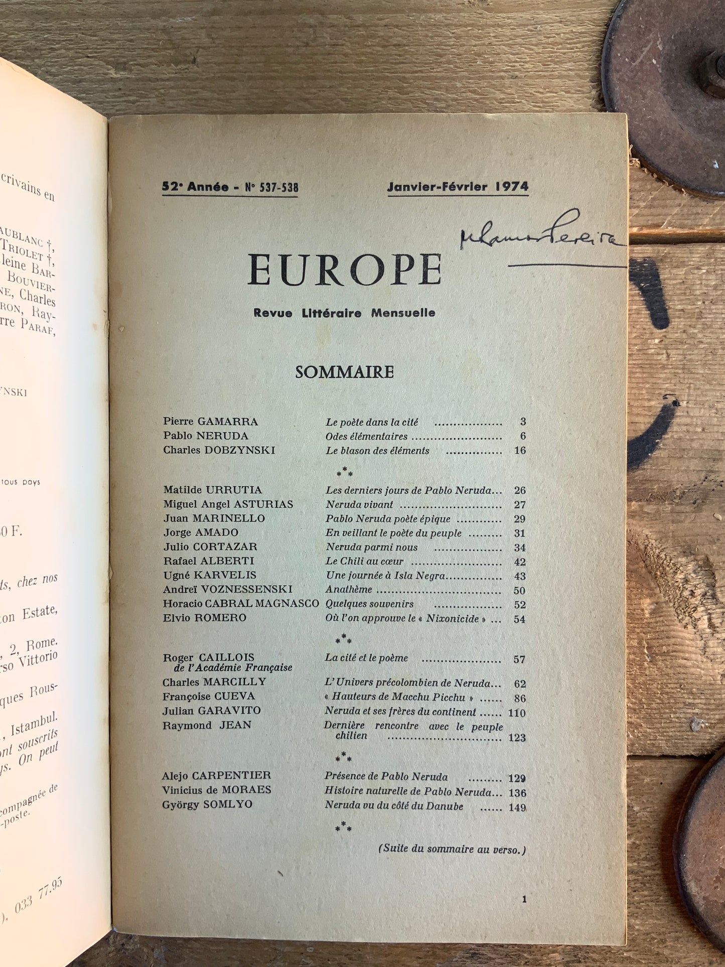 Neruda présent - [ Europe - revue littéraire mensuelle ] Janvier-Février 1974 - N° 537-538