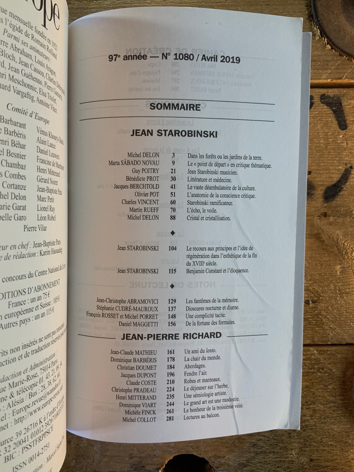Jean Starobinski - Jean-Pierre Richard Jean-Pierre Vernant  [ Revue Europe ] - Avril 2019- n° 1080