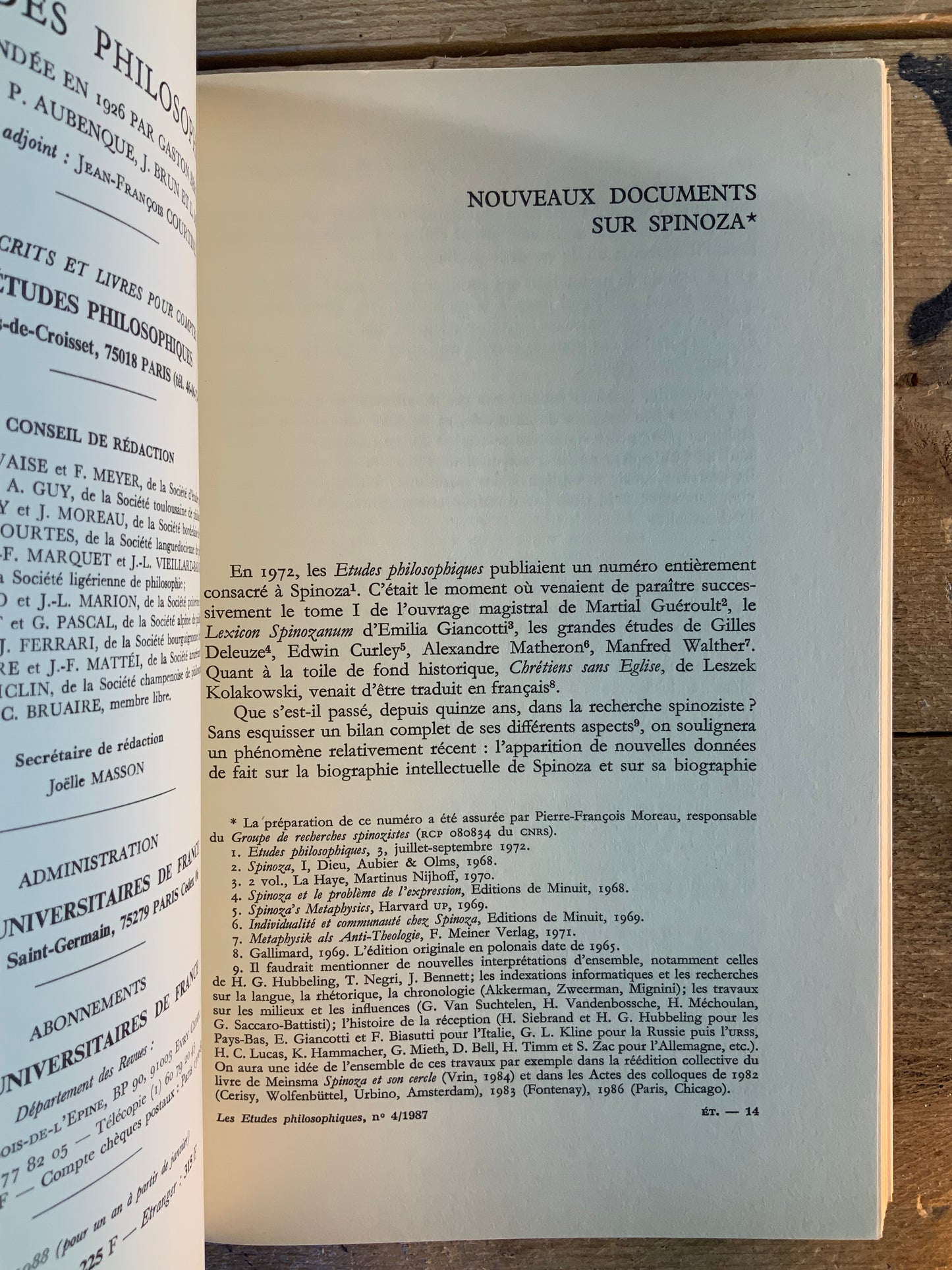 Les Études Philosophiques : Spinoza . Octobre-Decembre-1987