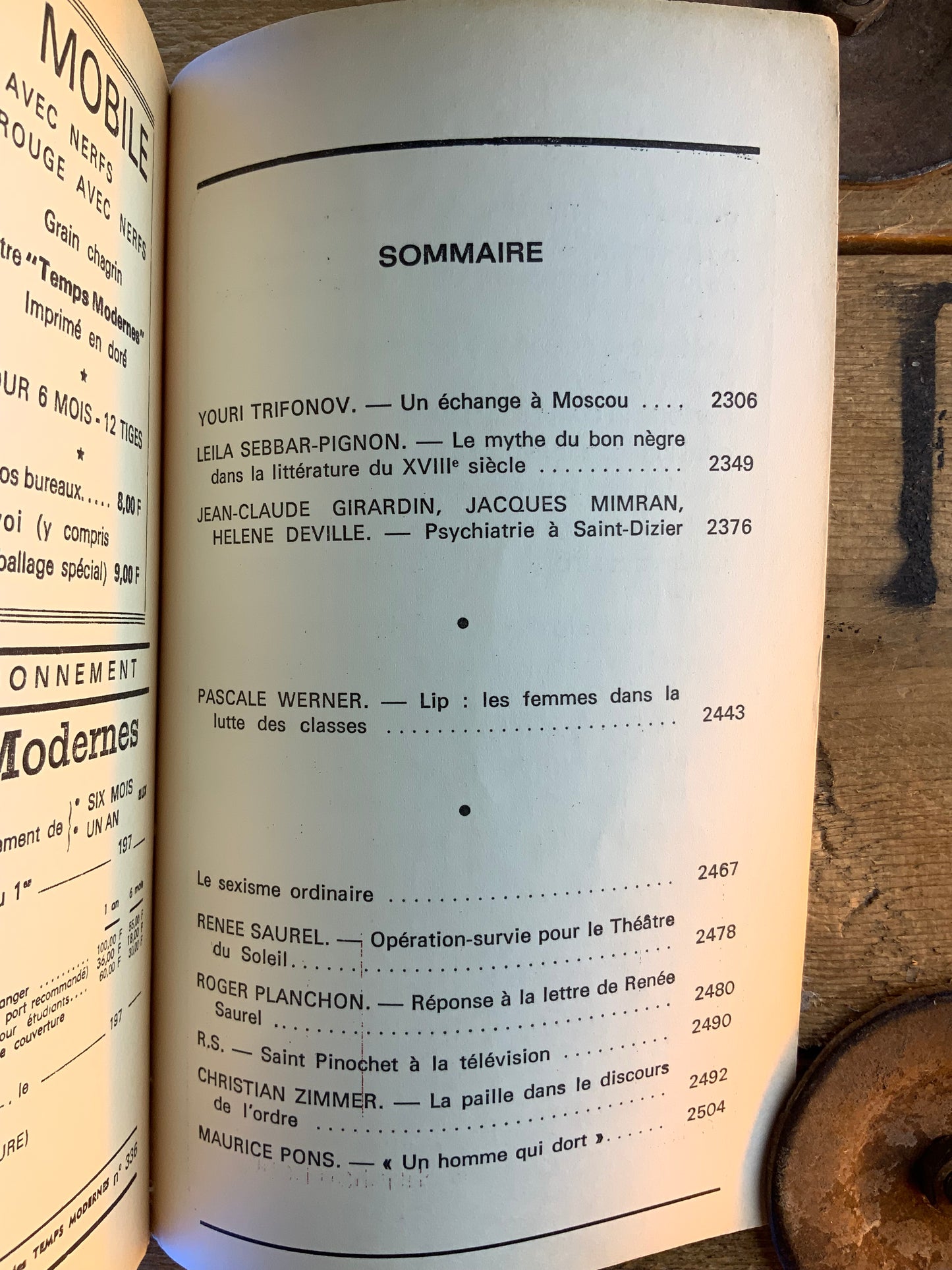 Un échange à Moscou - Youri Trifonov | Le mythe du bon nègre dans la littérature du XVIIIe siècle - Leila-Sebbar Pignon [ Les Temps Modernes ] - Juillet 1974 - n° 336