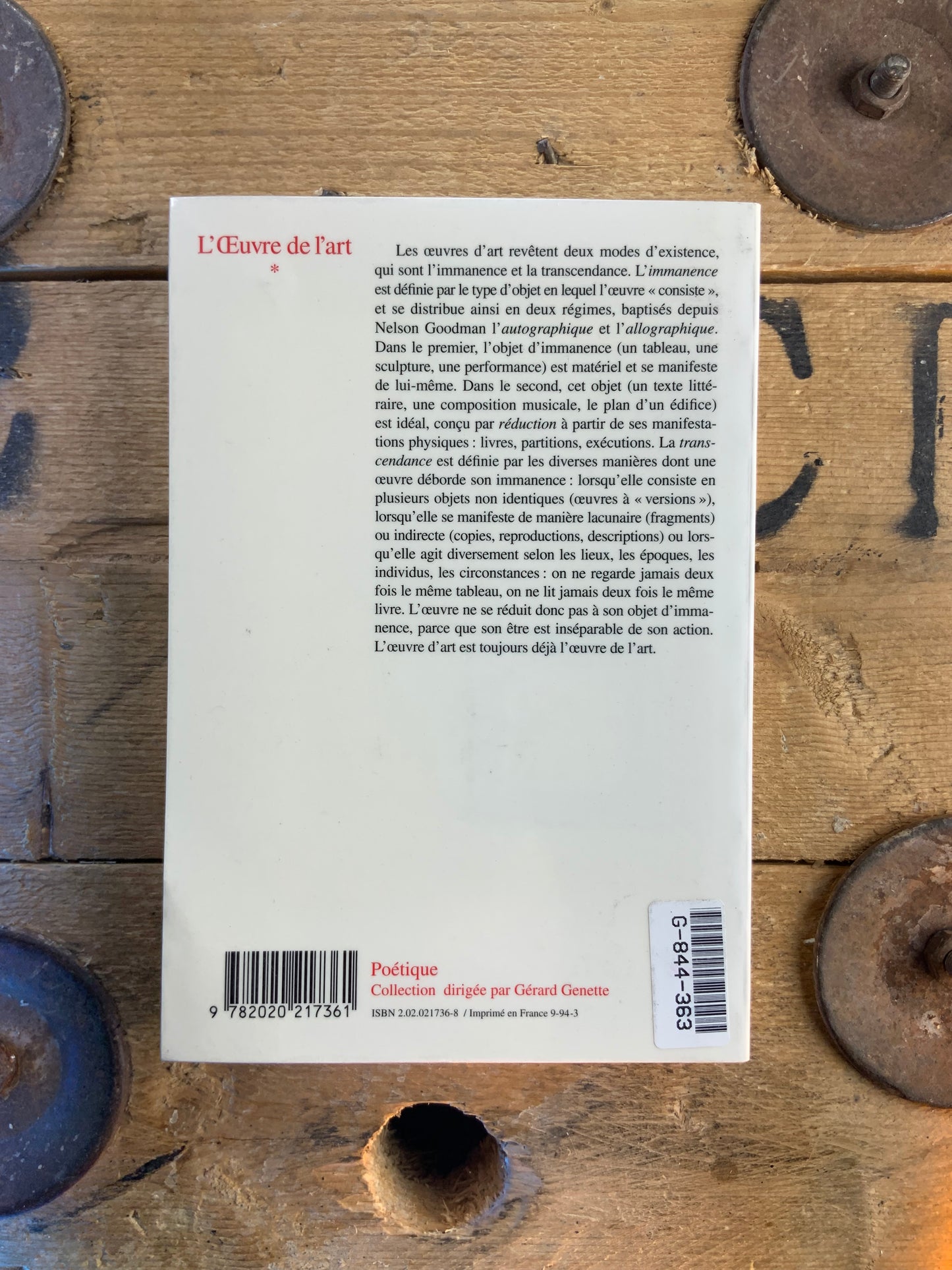 L’Œuvre de l’art : immanence et transcendance - Gérard Genette