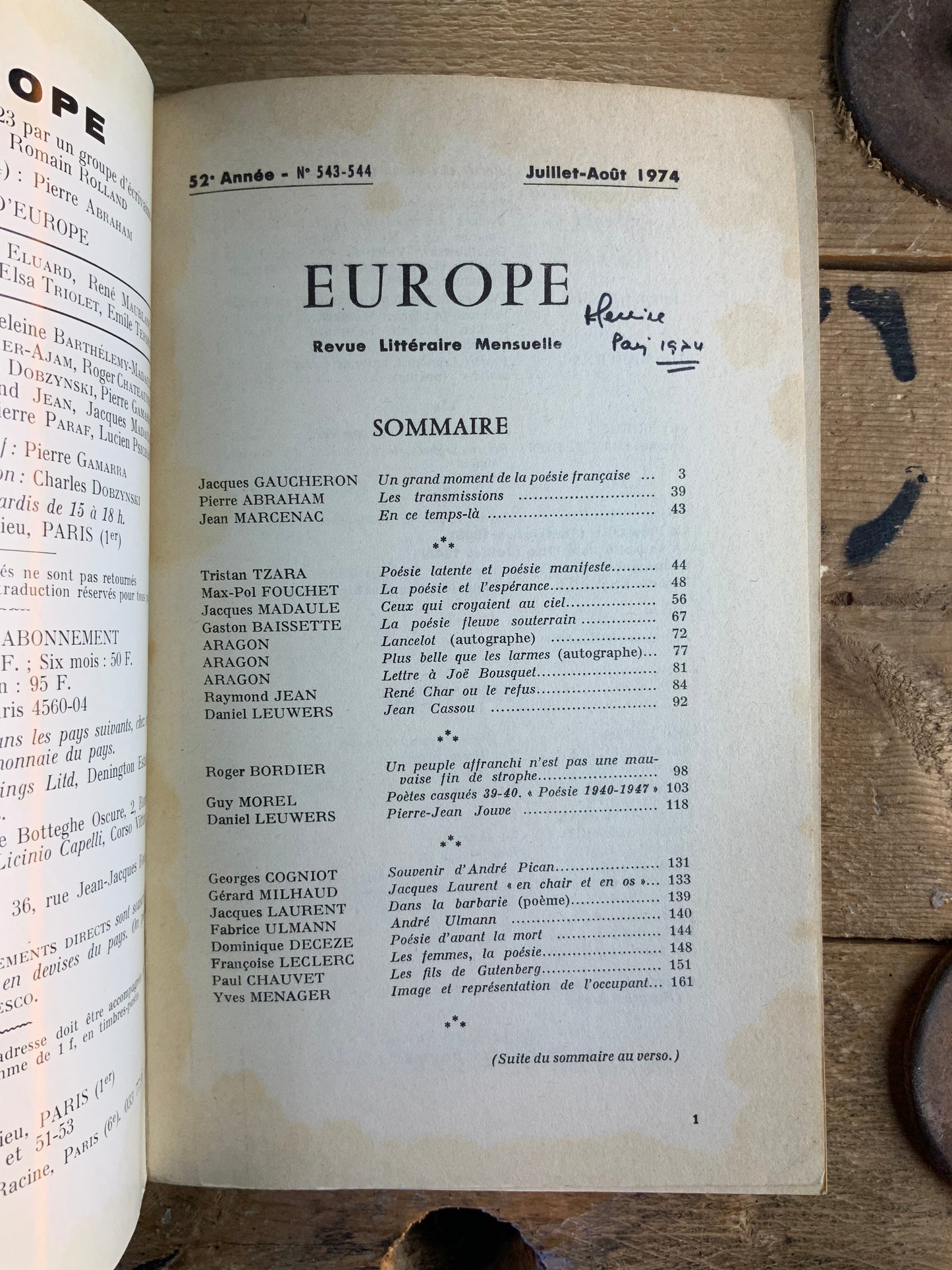 La poésie et la resistance [ Europe - revue littéraire mensuelle ] Juillet-Août 1974 - N° 543-544
