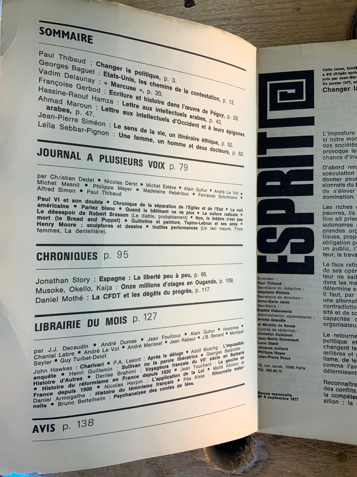 Des polémiques dans la gauche à la crise des principes - Israel et les intellectuels arabes - Écriture et histoire dans l’oeuvre de Péguy …  [ Revue Esprit ] - Septembre 1977 - n° 9