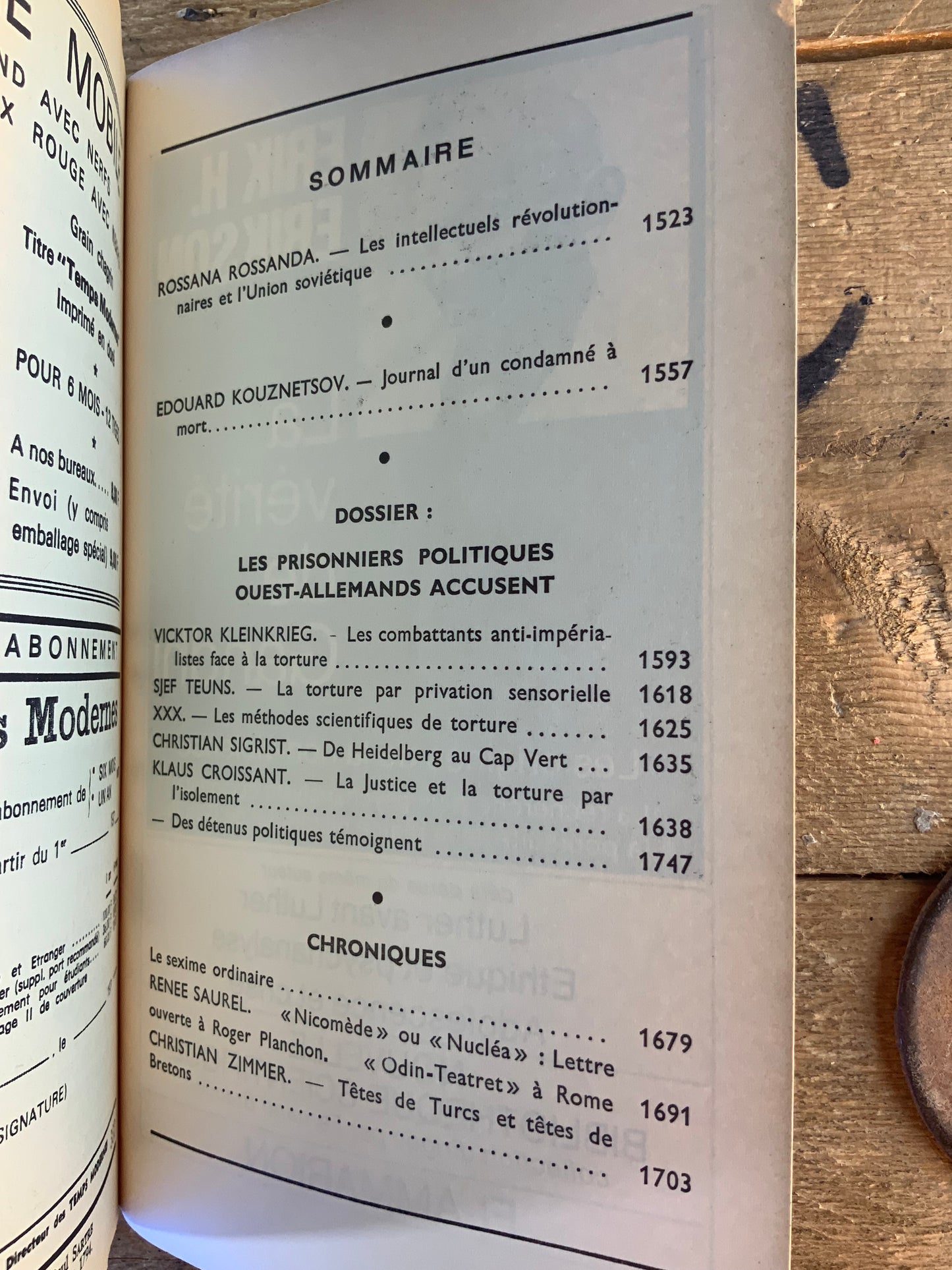 Rossana Rossanda : les intellectuels révolutionnaires et l’Union soviétique - Edouard Kouznetsov : journal d’un condamné à mort … [ Les Temps Modernes ] - Mars 1974 - n° 332
